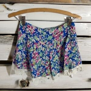 LF Paper Heart Colorful Floral Skort Skirt Shorts NWT Sz 8 Blue Pink Lace Hem
